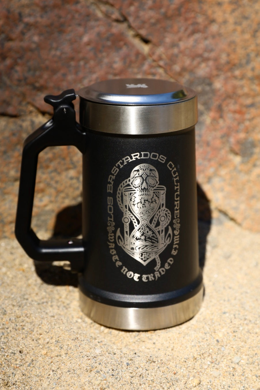 Waste Not Traded Days Beer Stein W/Lid & Bottle Opener (Stanley 24oz.) By Los Bastardos Culture In Black