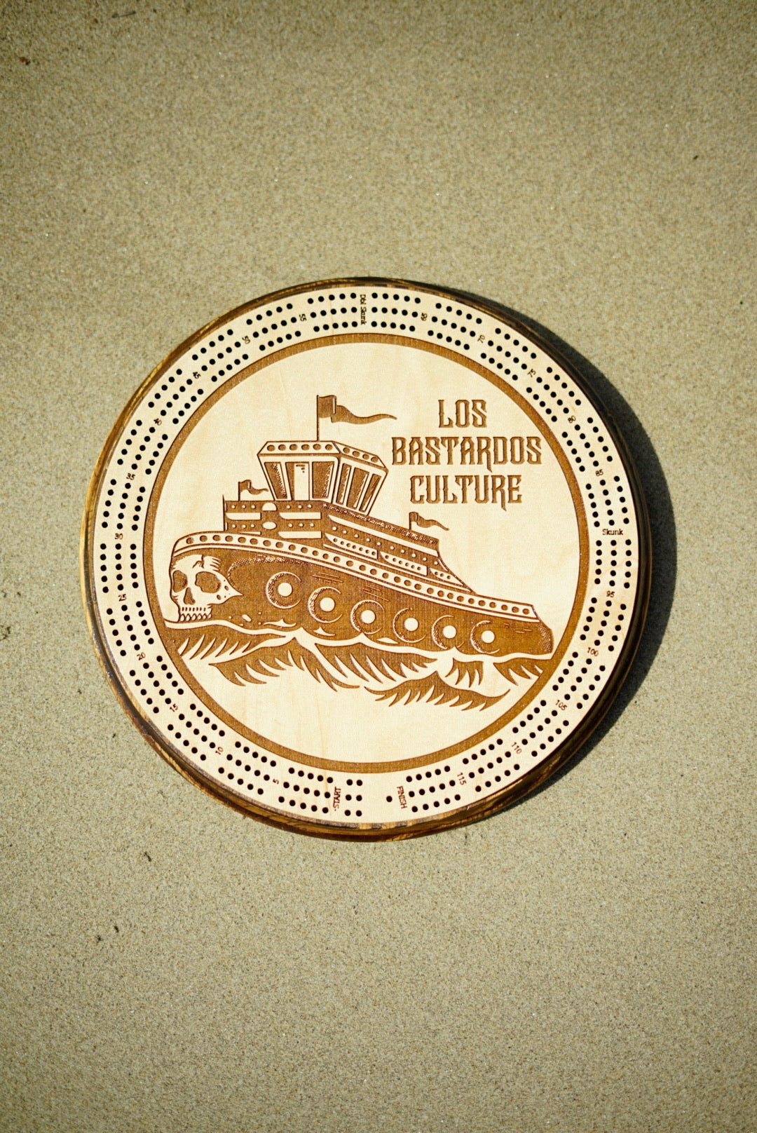 Thick Hulls & Thicker Skulls Engraved 3-Track Cribbage Board By Los Bastardos Culture (Discounted Spring Drop)