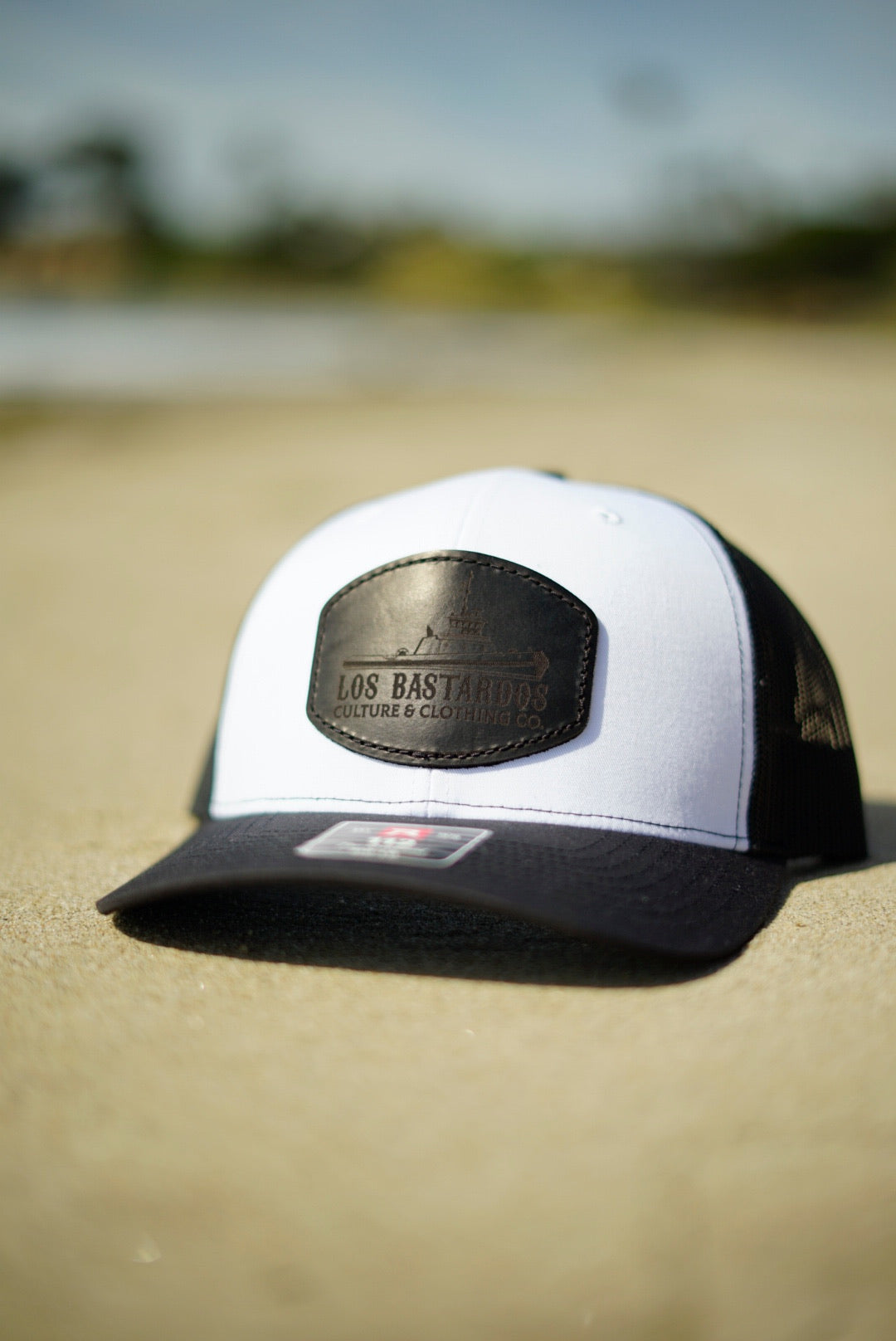 OG Bastardo Leather Patch 6-Panel Curved Bill SnapBack Hat By Los Basatardos Culture In White/Black (Discounted Spring Drop)