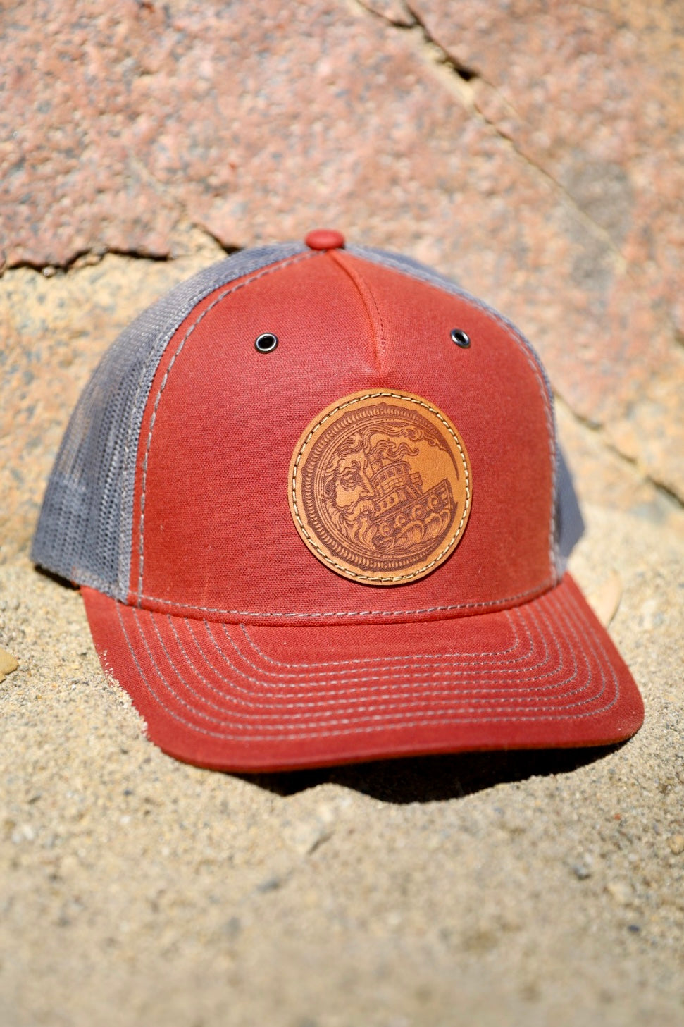 La Luna Leather Patch Water Repellent Wax 5-Panel Curved Bill Snapback Hat By Los Bastardos Culture In Burnt Red/Charcoal