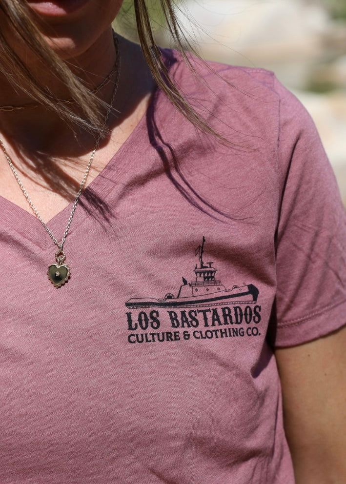 The Sea Favors No One Woman Relaxed Jersey V-Neck T-Shirt By Los Bastardos Culture In Heather Mauve