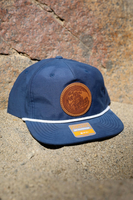 La Luna “Grandpa Cap” Leather Patch 5-Panel Flat Bill SnapBack Hat By Los Bastardos Culture In Navy/White