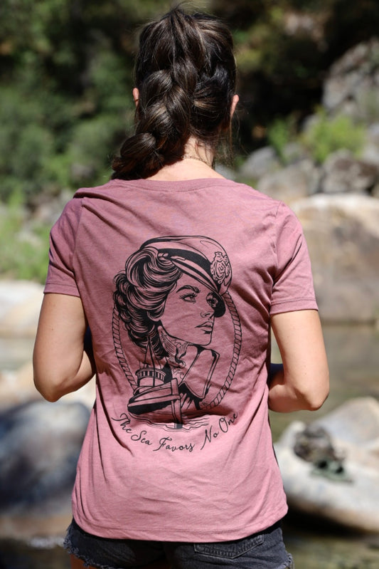 The Sea Favors No One Woman Relaxed Jersey V-Neck T-Shirt By Los Bastardos Culture In Heather Mauve