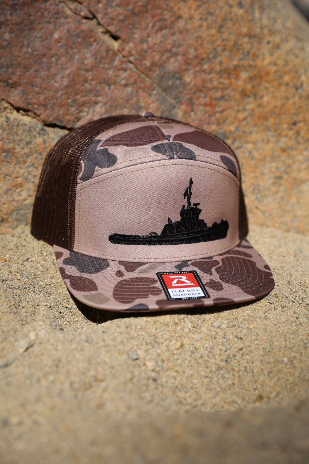 The Tug 7-Panel Flat Bill Snapback Hat By Los Bastardos Culture In Bark Duck Camo/Brown